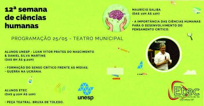 Maurício Saliba palestra hoje na 12ª Semana de Ciências Humanas ETEC/UNESP
