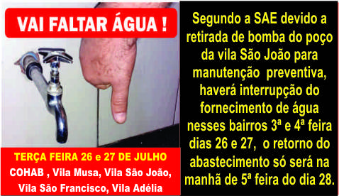 Prepare-se para o transtorno: Vai faltar água dias 26 e 27 avisa a SAE