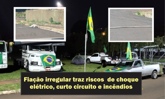 Manifestantes estendem fios eletrificados sobre asfalto trazendo riscos de acidentes