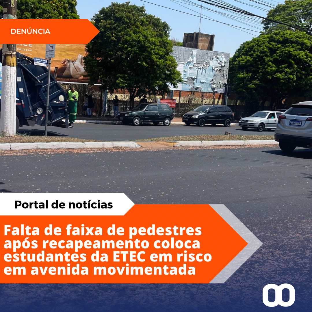 Estudantes da ETEC Ferreira Jacinto de Sá enfrentam dificuldades para atravessar avenida movimentada após obra de recapeamento.