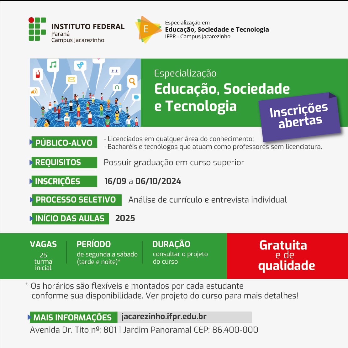 IFPR Jacarezinho abre inscrições para especialização gratuita em Educação, Sociedade e Tecnologia.