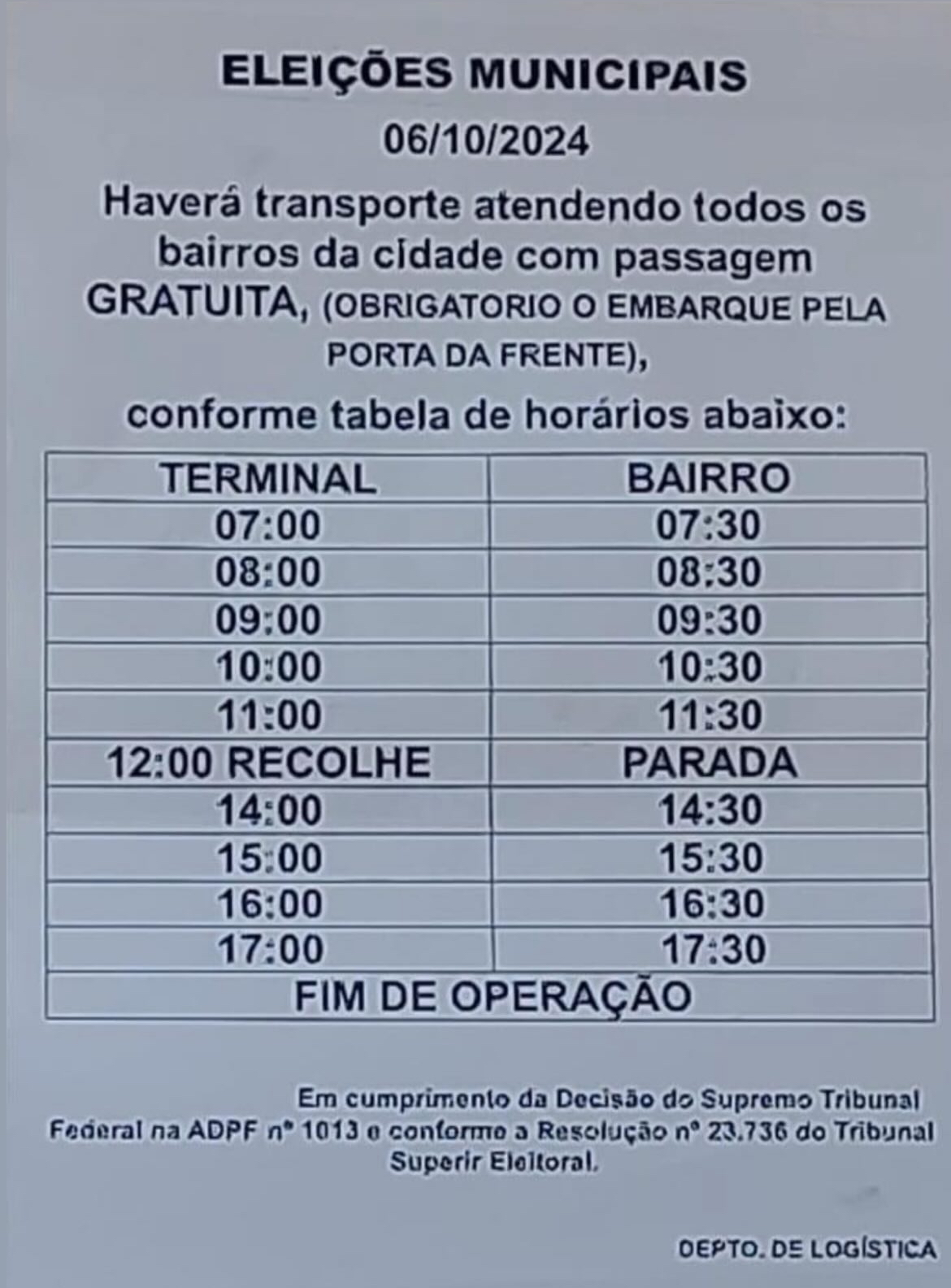 Eleitores de Ourinhos Contarão com Transporte Gratuito no Dia da Eleição.