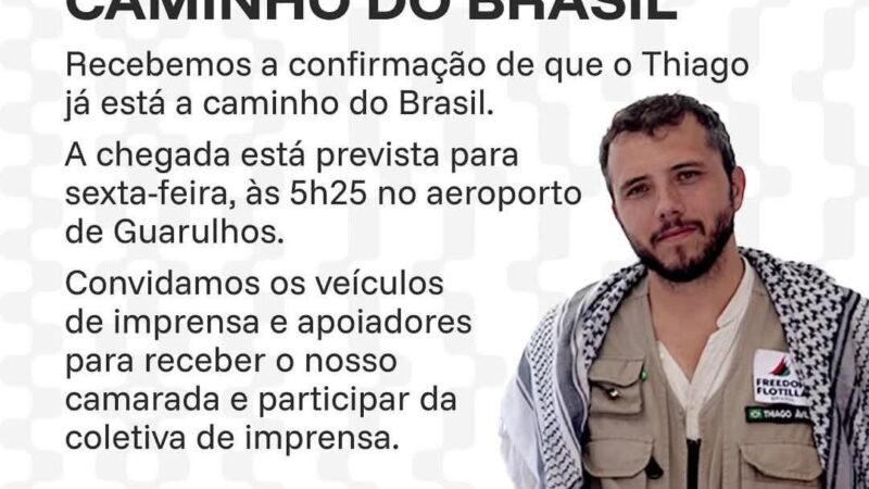 Preso por Israel durante missão humanitária, Thiago Ávila é libertado e já está a caminho do Brasil