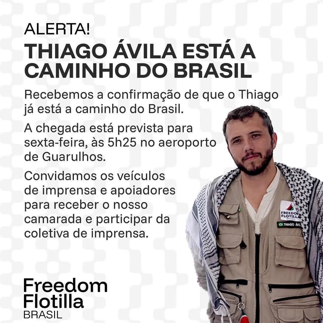Preso por Israel durante missão humanitária, Thiago Ávila é libertado e já está a caminho do Brasil